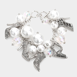 Metal Stiletto Heel Charm Station Pearl Cluster Toggle Bracelet