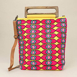 Boho Geometric Pattern Wooden Handle Tote / Crossbody Bag