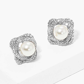 White Gold Dipped CZ Pearl Rose Stud Earrings