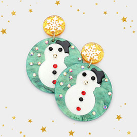 Celluloid Acetate Christmas Snowman Accented Circle Dangle Earrings