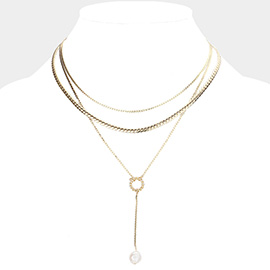 Pearl Tip Drop Down Metal Triple Layered Necklace