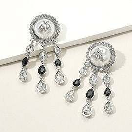 Bumble Bee Pearl Accented Teardrop Stone Cluster Drop Down Earrings