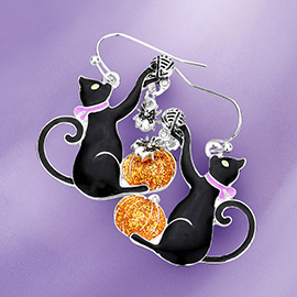 Enamel Halloween Cat Dangle Earrings
