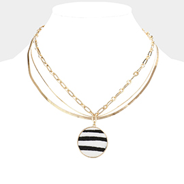 Zebra Patterned Round Pendant Triple Layered Necklace