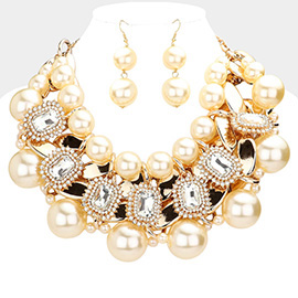 Stone Embellished Chain Link Pearl Collar Necklace