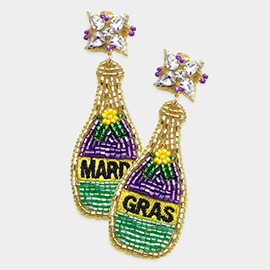 Mardi Gras Felt Back Stone Seed Beaded Champagne Dangle Earrings