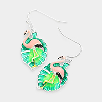 Enamel Flamingo Accented Tropical Leaf Dangle Earrings