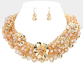 Metal Flower Accented Beaded Collar Necklace