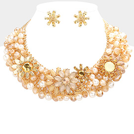 Multi Stone Flower Pearl Embellished Collar Necklace