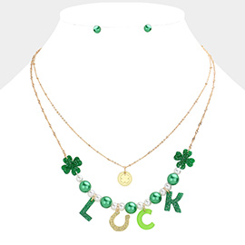 St. Patrick's Day LUCK Message Glittered Resin Clover Horseshoe Pearl Double Layered Necklace