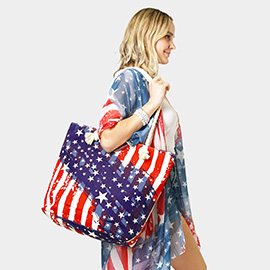 American USA Flag Print Beach Tote Bag