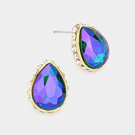 Rhinestone Trimmed Teardrop Stone Evening Stud Earrings