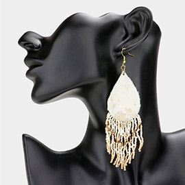 Gold Foiled Genuine Leather Calf Teardrop Seed Beaded Fringe Dangle Earrings