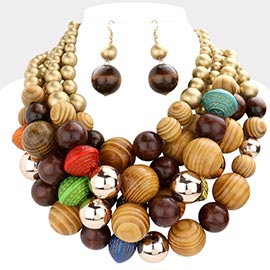 Wood Metal Ball Multi Layered Necklace