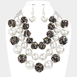 Tweed Fabric Ball Pearl Triple Layered Bib Necklace