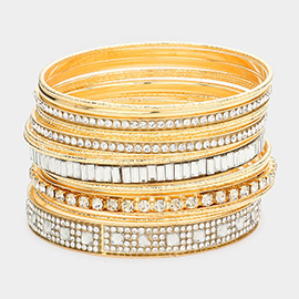 15PCS - Stackable Stone Embellished Metal Bangle Bracelets