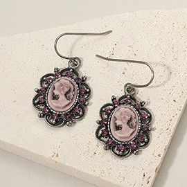 Cameo Accented Floral Metal Dangle Earrings