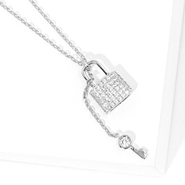 White Gold Dipped Rhinestone Key Lock Pendant Necklace