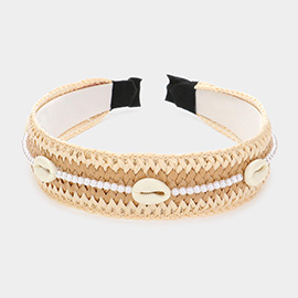 Pearl Puka Shell Embellished Woven Straw Headband