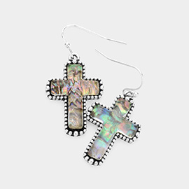 Bubble Trimmed Abalone Cross Dangle Earrings