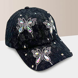 Bling Glass Crystal Stone Accented Butterfly Lace Baseball Cap