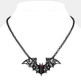 Stone Embellished Filigree Bat Pendant Necklace