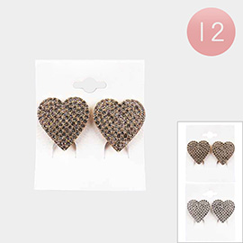 12Pairs - Rhinestone Embellished Heart Clip on Earrings