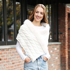 Faux Fur Pointed Cable Knit Shawl