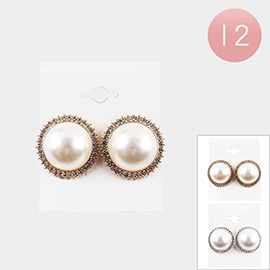 12Pairs - Rhinestone Trimmed Round Pearl Clip on Earrings