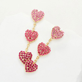 Triple Stone Paved Heart Link Dropdown Earrings