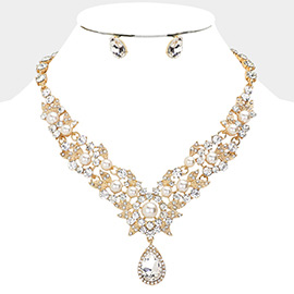 Pearl Accented Teardrop Stone Cluster Pendant Evening Necklace