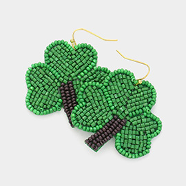 Seed Beaded St Patricks Day Clover Dangle Earrings
