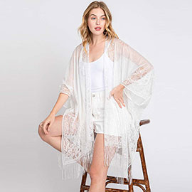 Floral Lace Kimono With Tassel Poncho