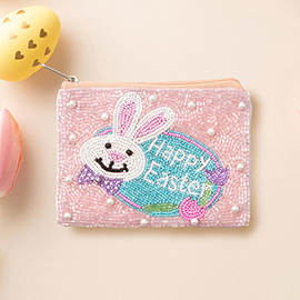 HAPPY EASTER Message Easter Bunny Seed Beaded Mini Pouch Bag