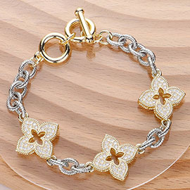 14K Gold Plated CZ Stone Paved Iris Pendant Link Toggle Bracelet