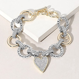 14K Gold Plated Metal Link CZ Stone Paved Heart Pendant Toggle Bracelet