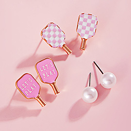 3Pairs - Enamel Pickle Ball Paddle Pearl Stud Earring Set