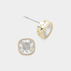 14K Gold Plated Square CZ Stone Stud Earrings