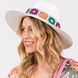 Floral Crochet Band Straw Hat