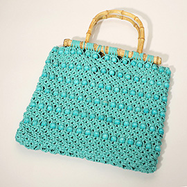 Bamboo Handle Wooden Ball Embroidered Crochet Tote Bag