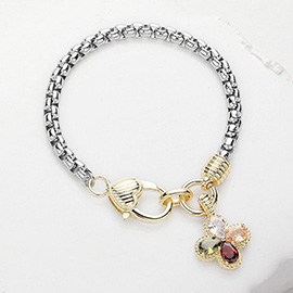 14K Gold Plated Two Tone CZ Stone Clover Charm Bracelet