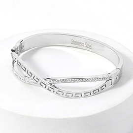 Stainless Steel Stone Paved Greek Pattern Infinity Pointed Hinged Bangle Bracelet