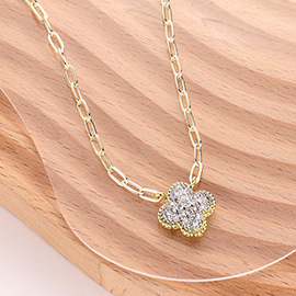 14K Gold Plated CZ Stone Paved Quatrefoil Pendant Necklace