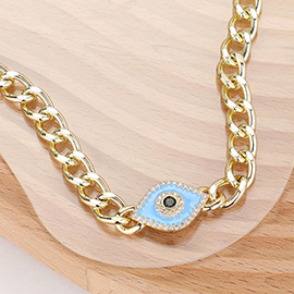 14K Gold Plated CZ Stone Paved Enamel Evil Eye Pendant Pointed Cuban Chain Necklace