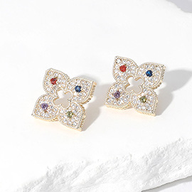 14K Gold Plated CZ Stone Paved Quatrefoil Stud Earrings