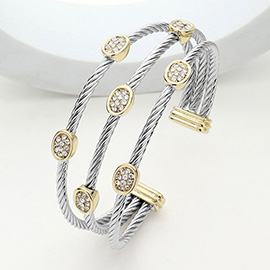 CZ Stone Paved Oval Pointed Triple Cable Split Cuff Bracelet