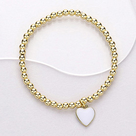 Stainless Steel Enamel Heart Charm Beaded Stretch Bracelet