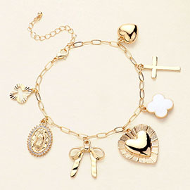 Quatrefoil Heart Bow Cross Charm Station Bracelet