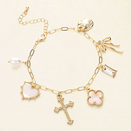 Pearl Heart Cross Quatrefoil Bow Charm Station Bracelet