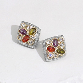 14K Gold Plated Marquise CZ Stone Embellished Square Stud Earrings